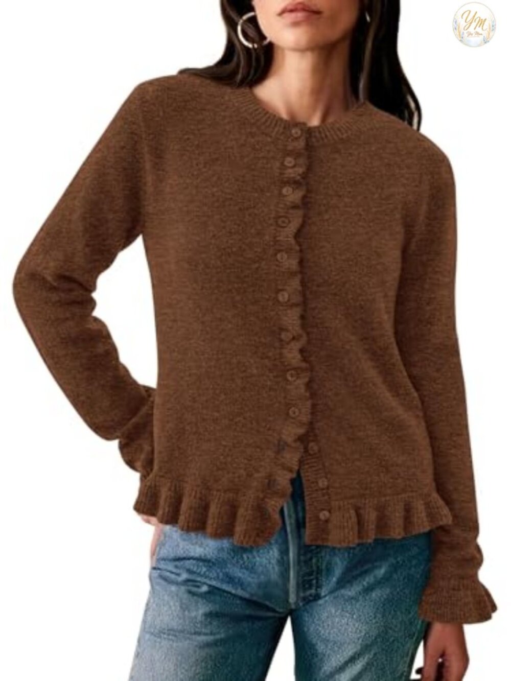 Womens Cropped Cardigan Chunky Knit Long Sleeve Ruffle Button Down Crew Neck